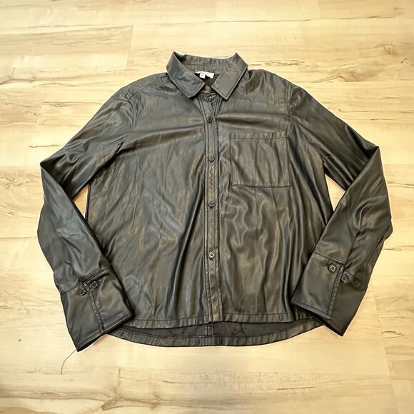 Habitual Taylor Women M Blouse Cropped Faux-Leather Button Front Shirt Black - Picture 4 of 11
